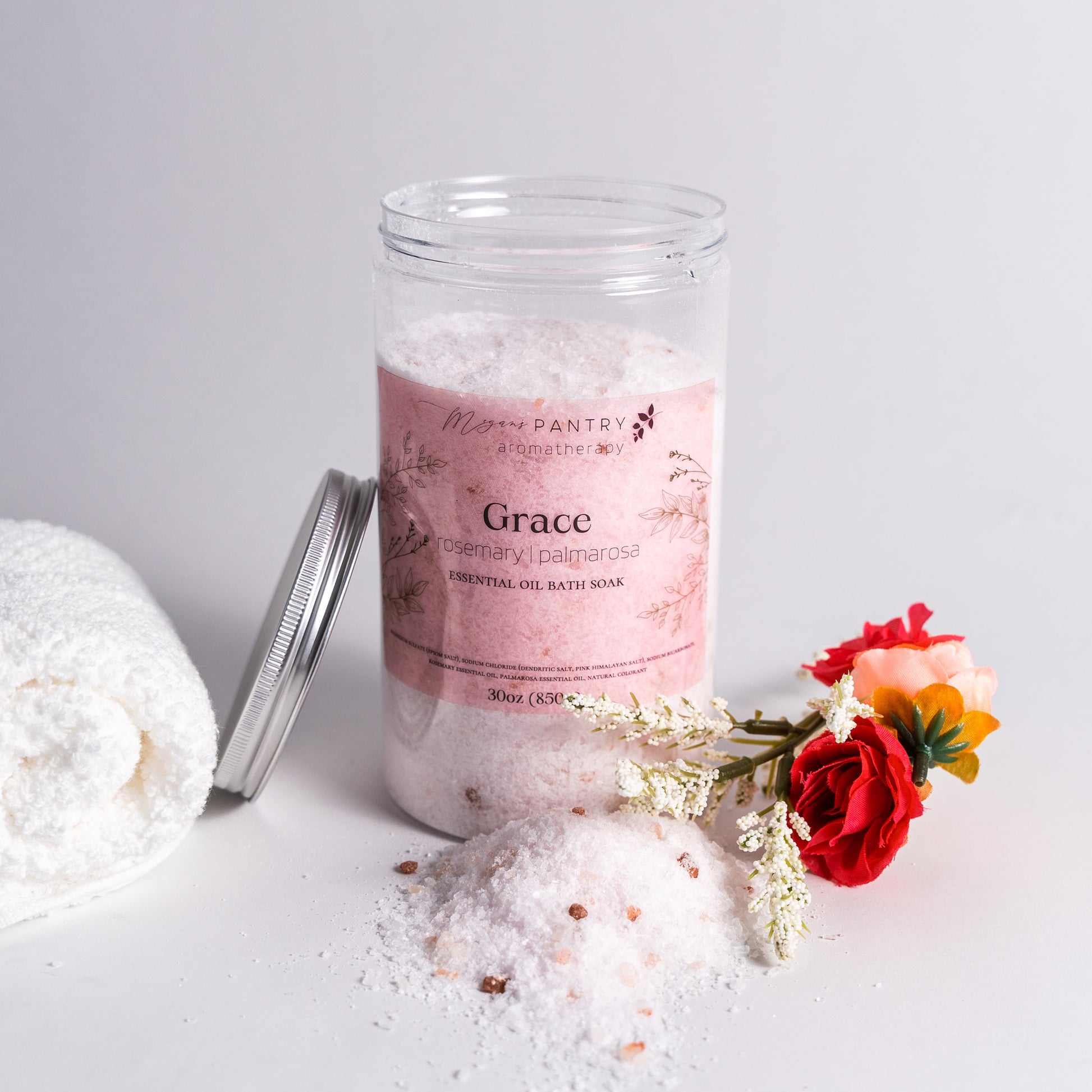 Jar of Megan's Pantry handcrafted aromatherapy bath salts with essential oils
