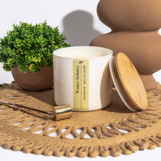 Winter Solstice is a blend of peppermint, eucalyptus, lavender, orange and pine and essential oils, embodying the invigorating sensation of fresh Winter air we all know and love.