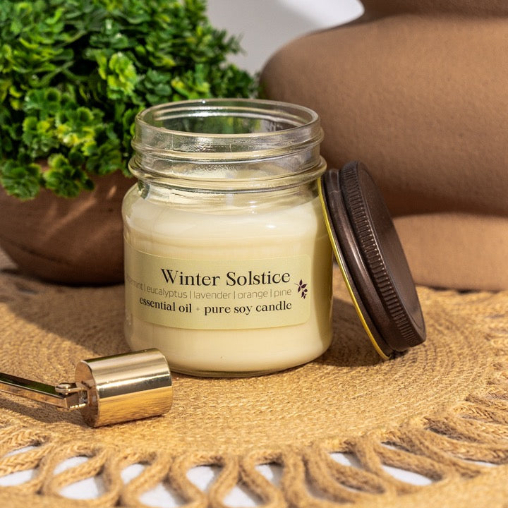 Winter Solstice soy candle from Megan's Pantry, scented with peppermint, eucalyptus, lavender, orange, and pine.