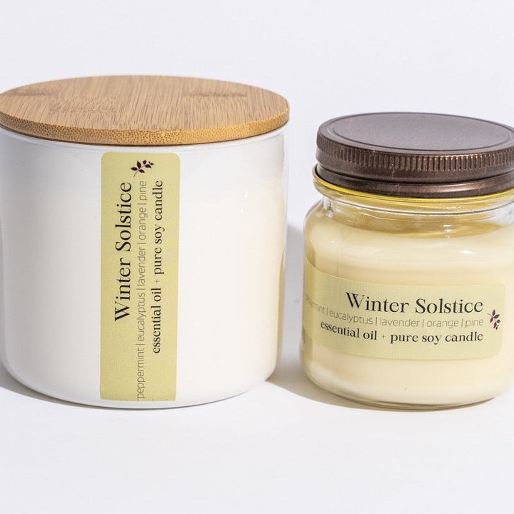Winter Solstice soy candle from Megan's Pantry, scented with peppermint, eucalyptus, lavender, orange, and pine.