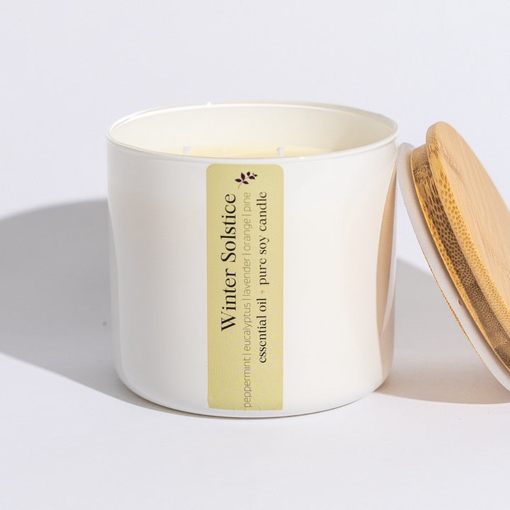 Winter Solstice soy candle from Megan's Pantry, scented with peppermint, eucalyptus, lavender, orange, and pine.